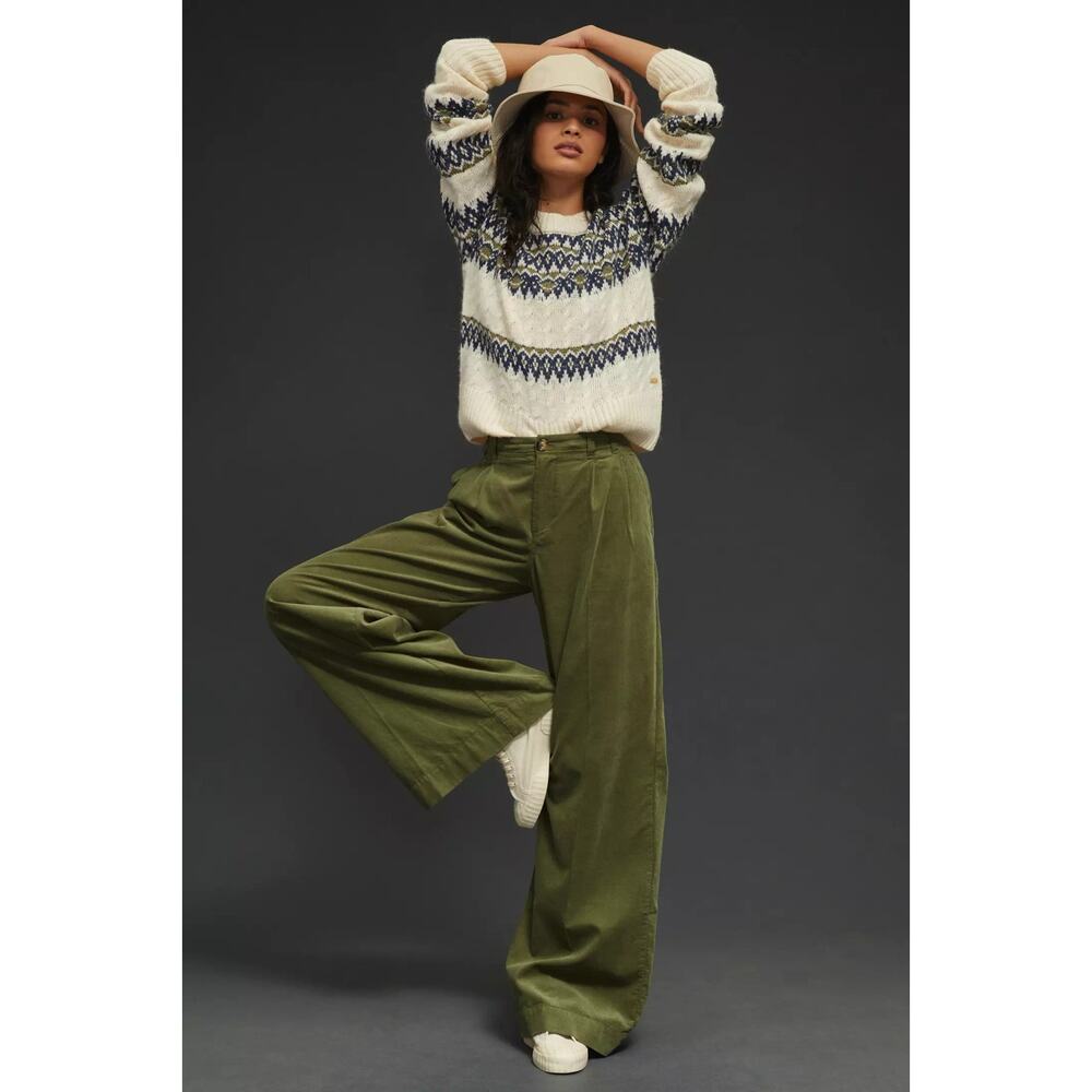 Anthropologie Pleated Wide Leg Green Corduroy Trouser Pants 25